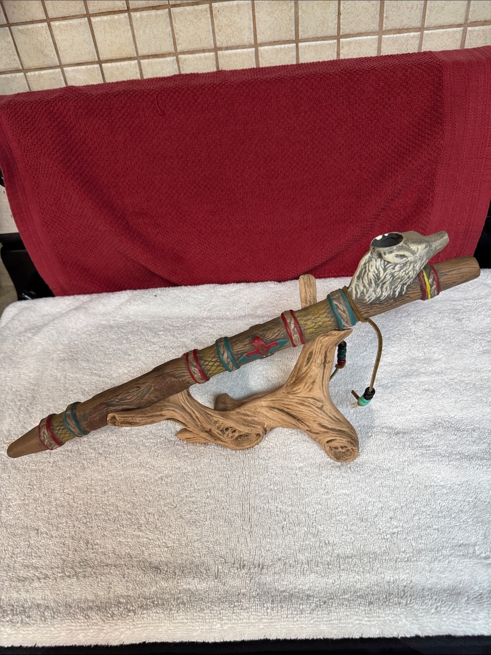 Handcrafted Rustic Ceramic Decor Simulated Peace Pipe with Wolf Carving